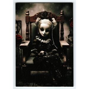 Vintage Halloween Photochrome Postcard Creepy Doll Holding Skull